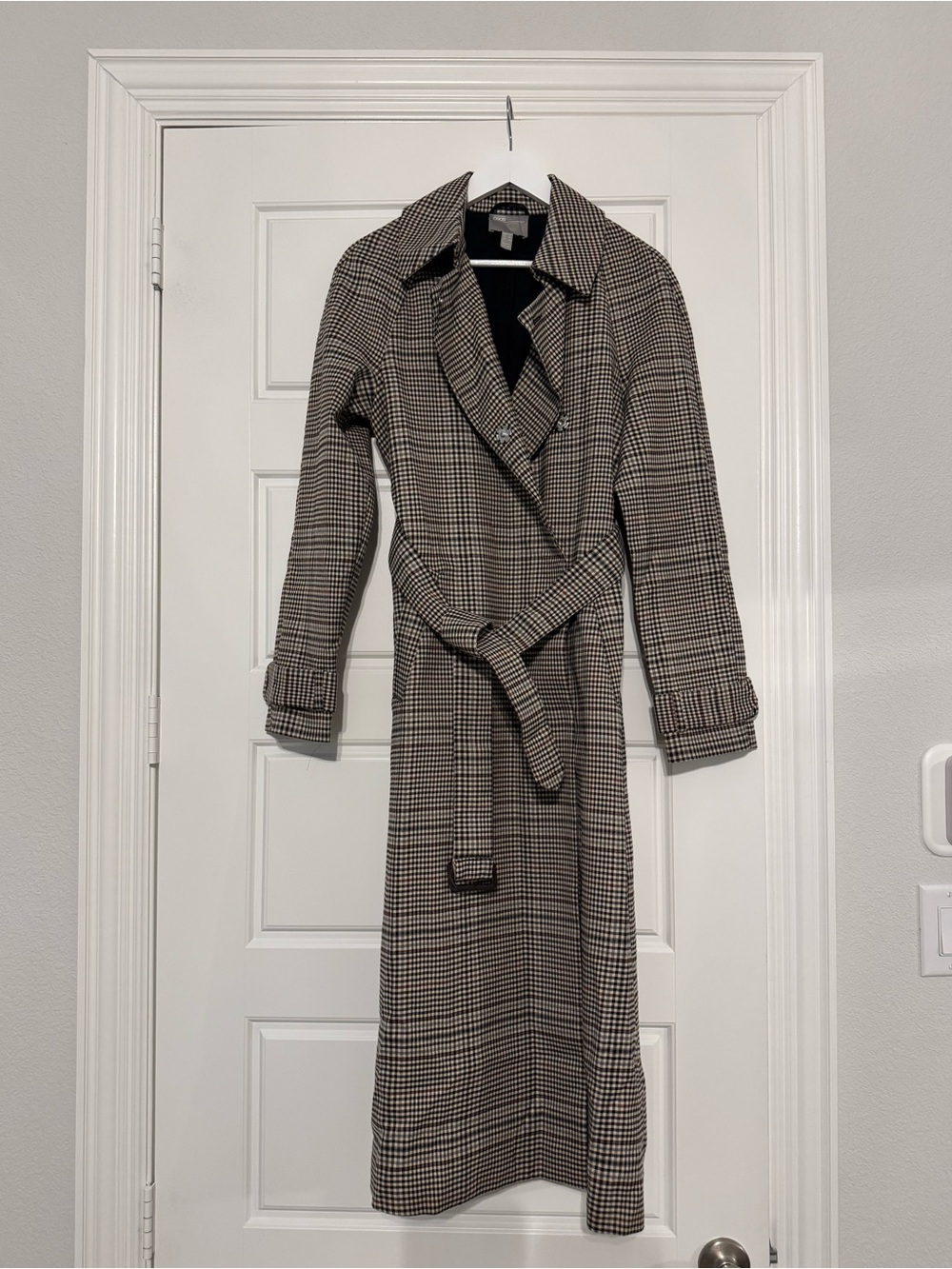 Plaid Trench Coat Dress - Black and Cream